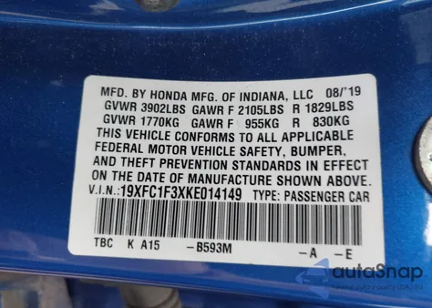2019 Honda Civic Ex z USA, uszkodzony, nr VIN 19XFC1F3XKE014149